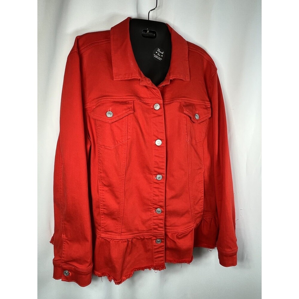 Chico's Jacket Womens Size XXL 4 Red Denim Peplum Frayed Hem Button Front